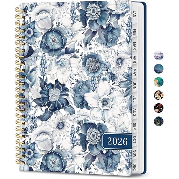 2026 Monthly & Weekly Planner with Tabs Blue Floral