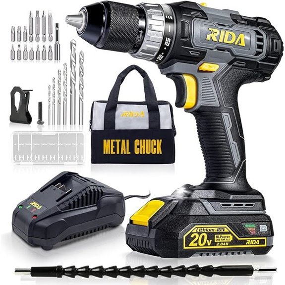 RIDA 20V Cordless Drill with 22 Bits and Battery