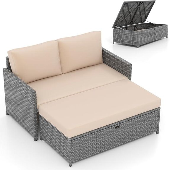 Tangkula Outdoor Rattan Daybed with Ottoman and Cushions
