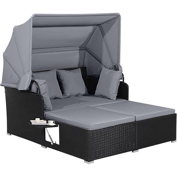 Salches Outdoor Rattan Daybed with Canopy and Cushions