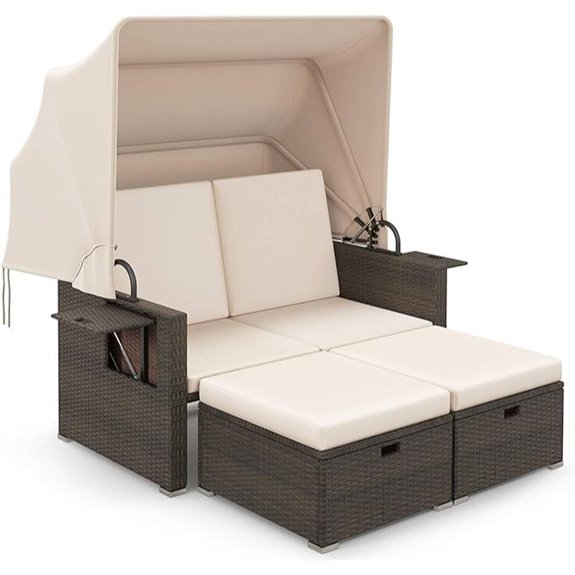 Tangkula Outdoor Rattan Daybed with Canopy and Ottomans