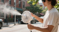 Licensable picture: Visitors cool off with a mister fan in Philadelphia on July 3, 2026.