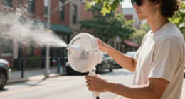 Licensable picture: Visitors cool off with a mister fan in Philadelphia on July 3, 2026.